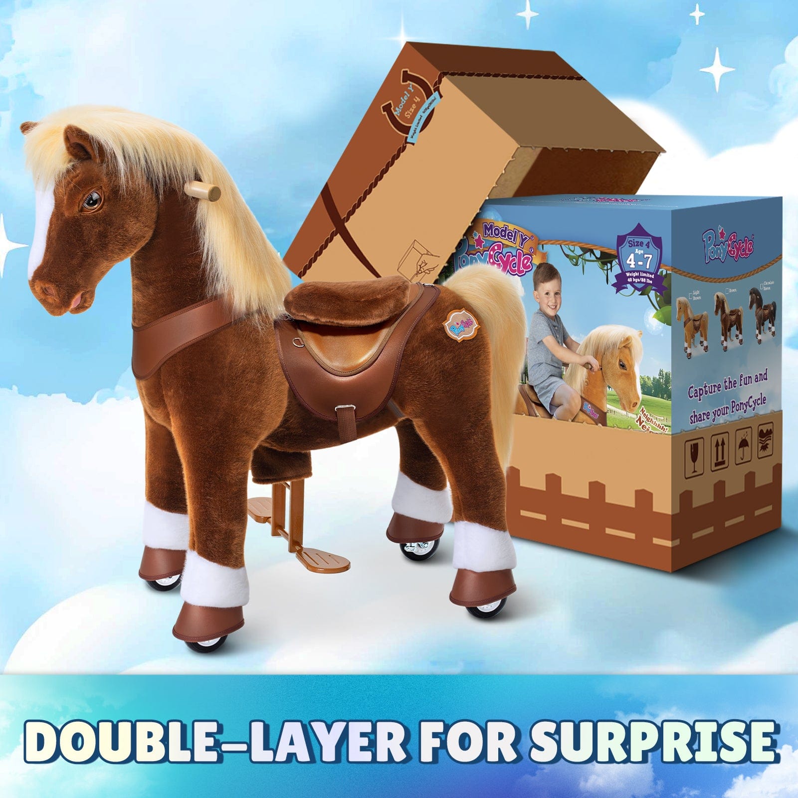 PonyCycle Model Y® Ride-On Horse, Brown - Rideable Toy for Kids Age 4-7, Mechanical Walking Ride-On Toy