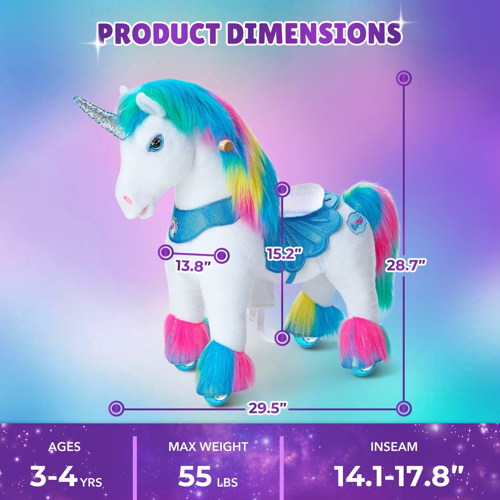 PonyCycle Model Y® Ride-On Unicorn, Rainbow - Rideable Toy for Kids Age 3-4, Mechanical Walking Unicorn Ride-On Toy