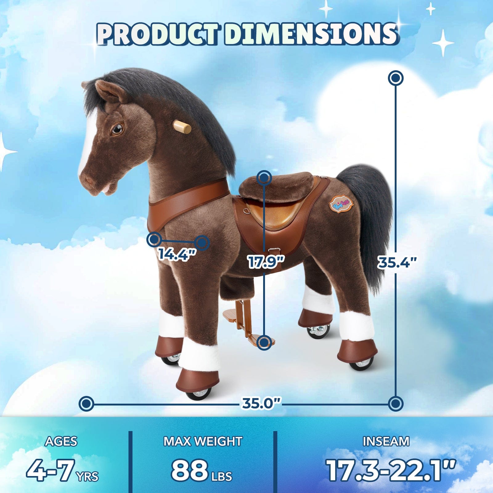 PonyCycle Model Y® Ride-On Horse, Chocolate Brown - Rideable Toy for Kids Age 4-7, Mechanical Walking Ride-On Toy