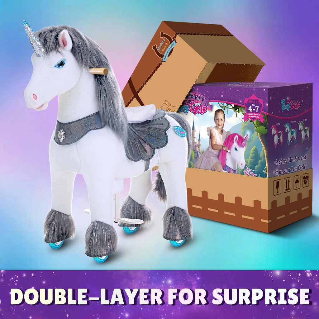 PonyCycle Model Y® Ride-On Unicorn, Grey - Rideable Toy for Kids Age 4-7, Mechanical Walking Unicorn Ride-On Toy