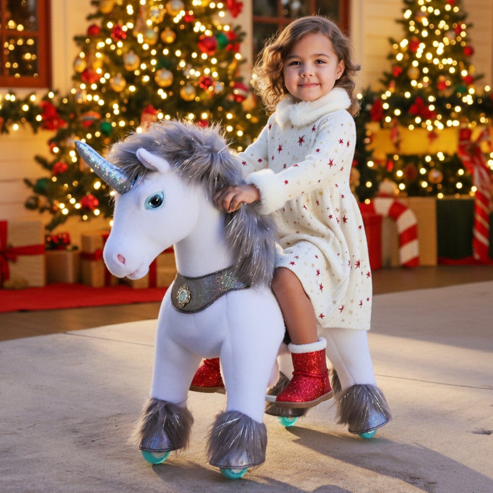 PonyCycle Model Y® Ride-On Unicorn, Grey - Rideable Toy for Kids Age 4-7, Mechanical Walking Unicorn Ride-On Toy