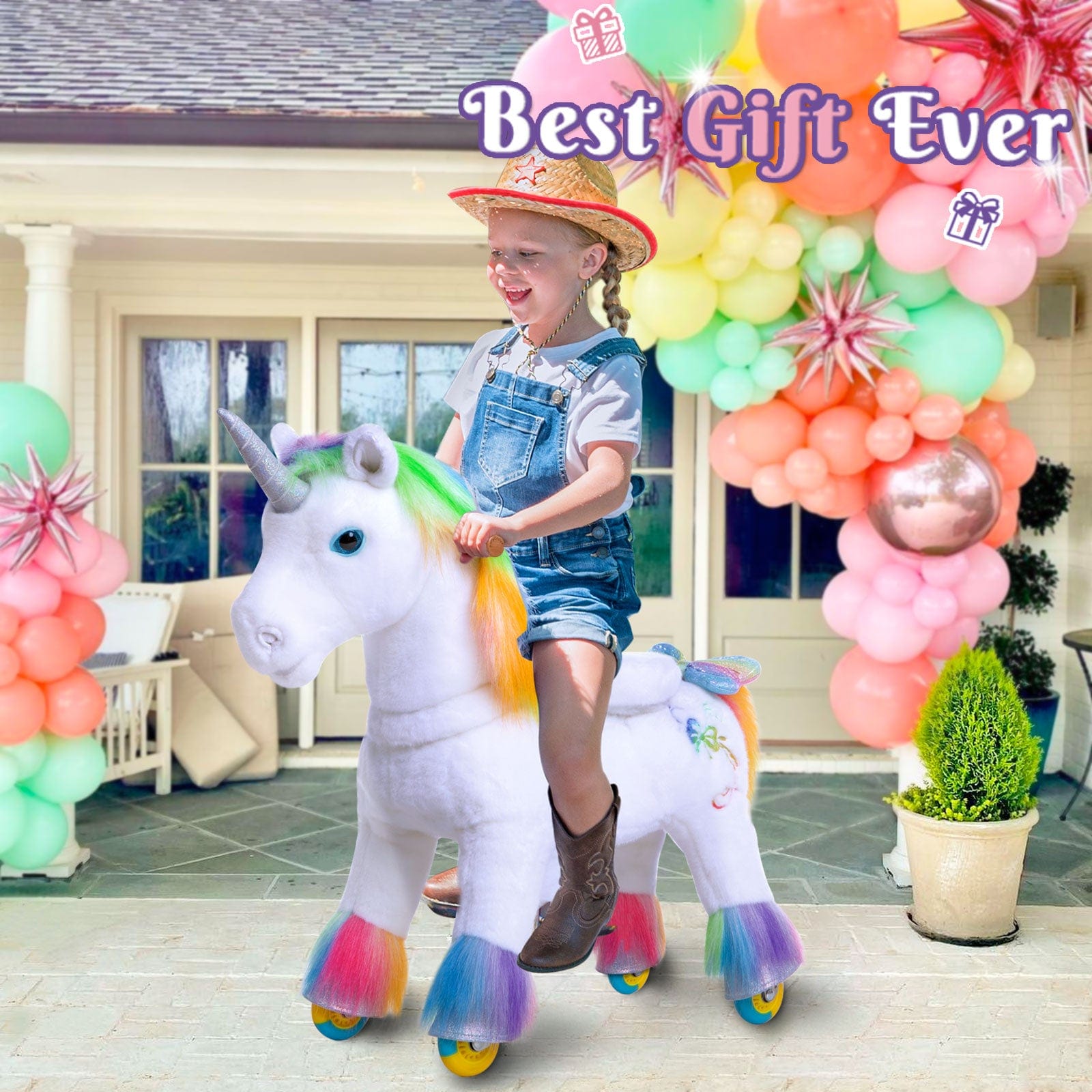 PonyCycle Model X® Ride-On Unicorn, Rainbow - Rideable Toy for Kids Age 4-7, Mechanical Walking Unicorn Ride-On Toy